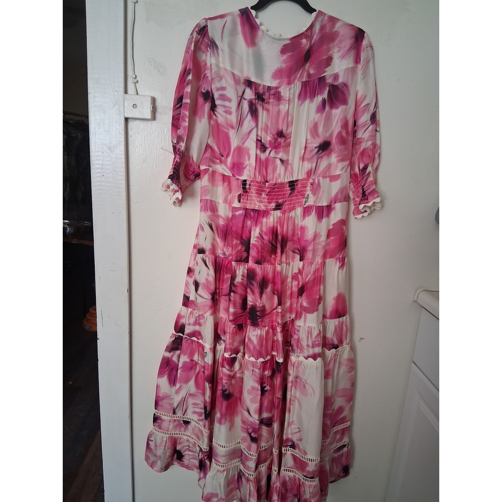 Jade by Johnny Was Pink Floral Silk Blend Smocked Tiered Midi Dress L L38525-1